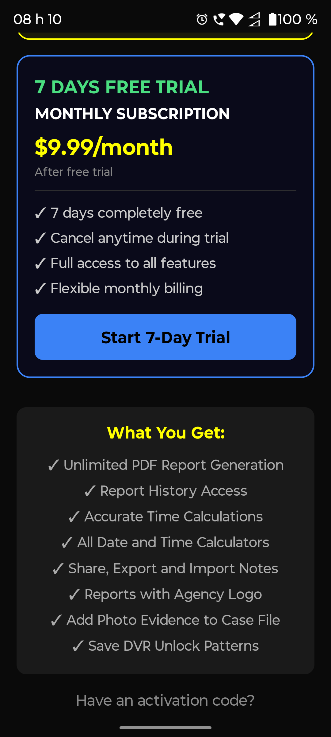 Subscription screen — view 2