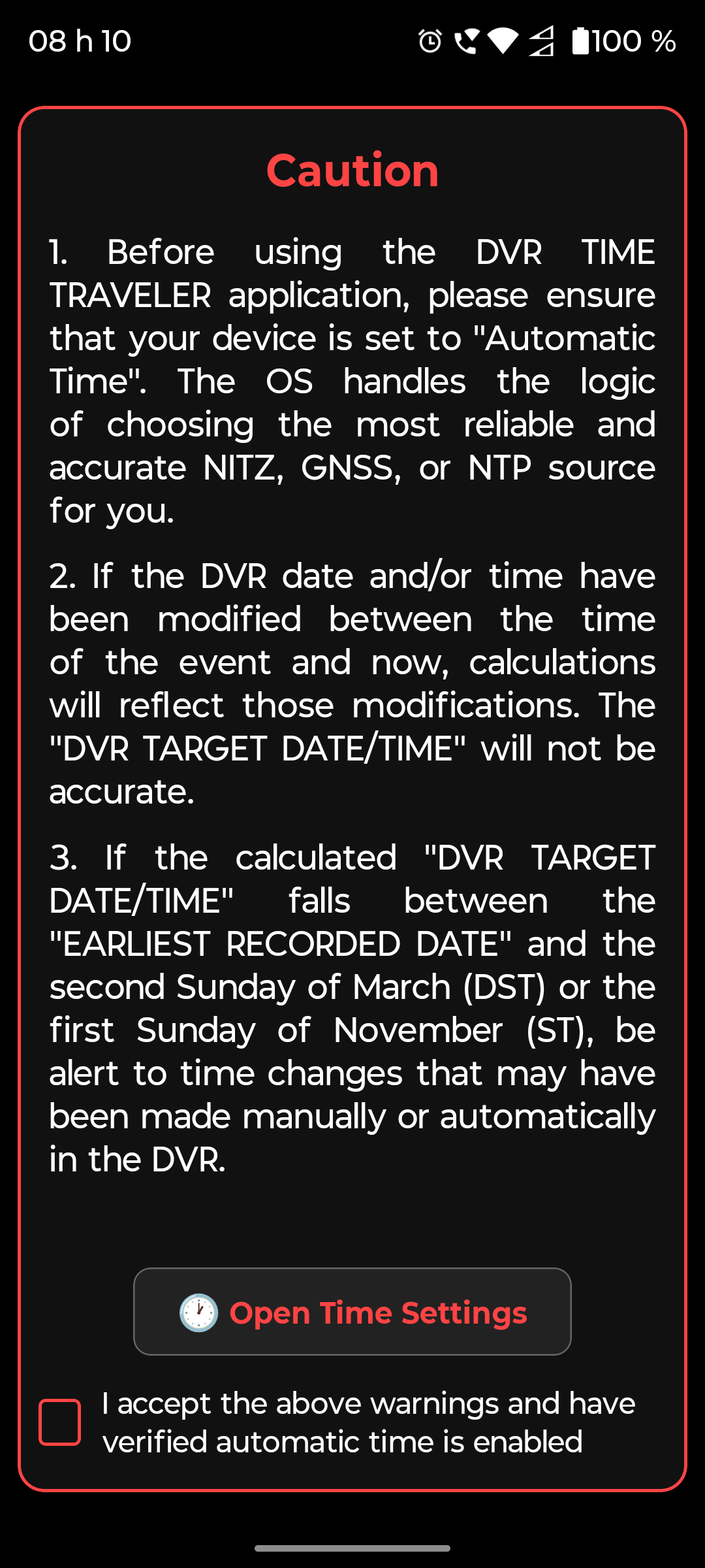 Warning page with three rules and time verification — view 1