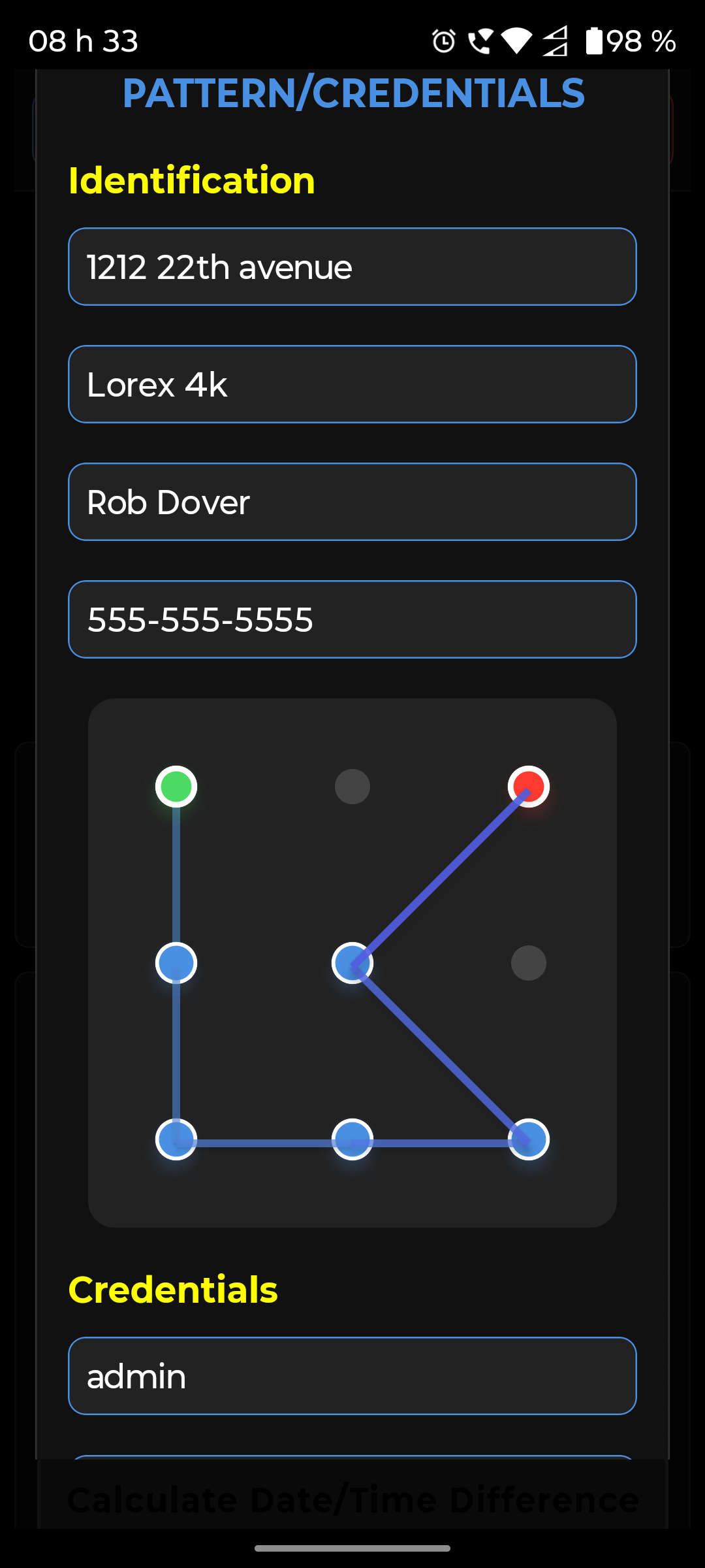 Pattern entry screen with 3×3 grid and credential fields