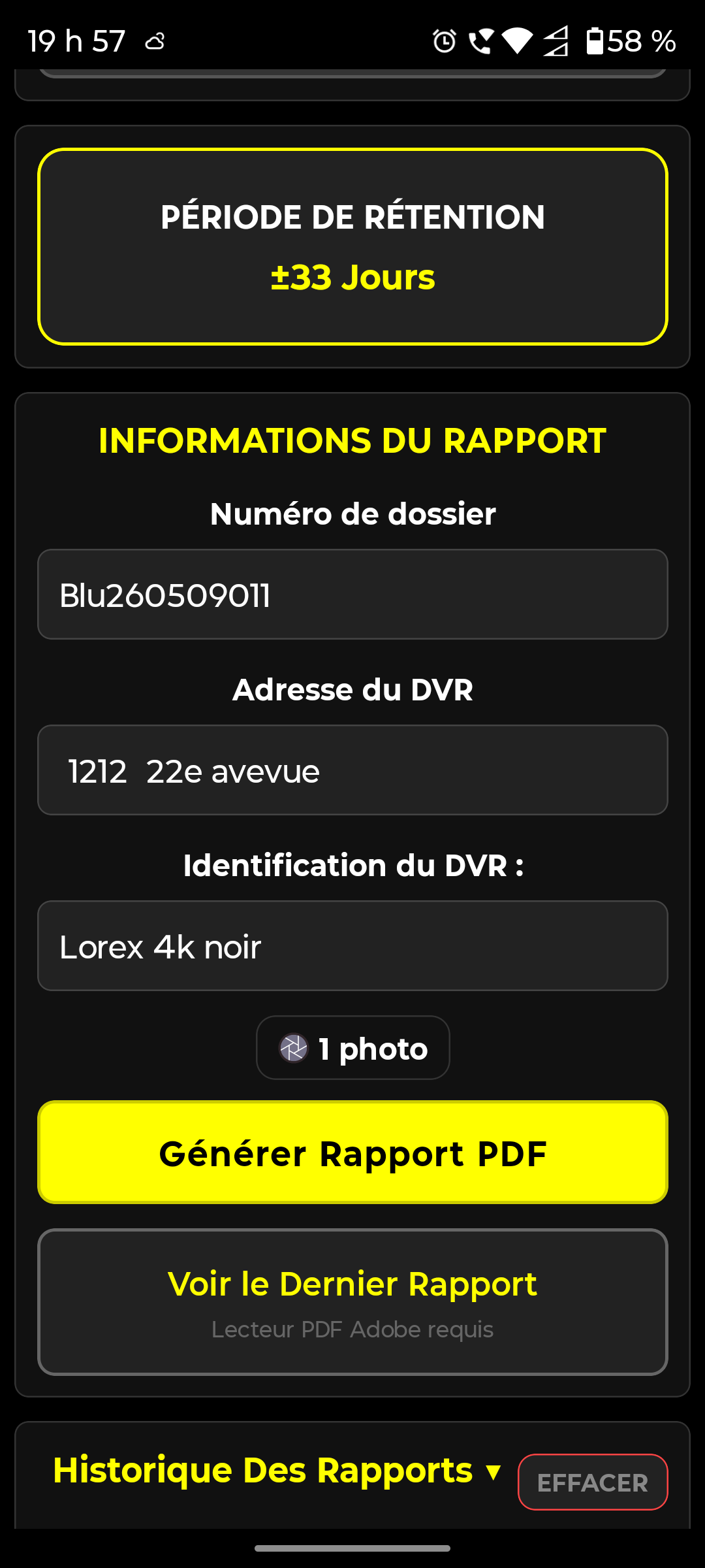 Champs d'information du dossier sur l'écran du calculateur