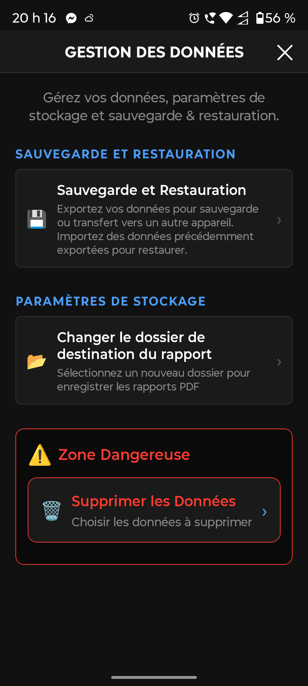 Modal Sauvegarde et restauration — vue 1