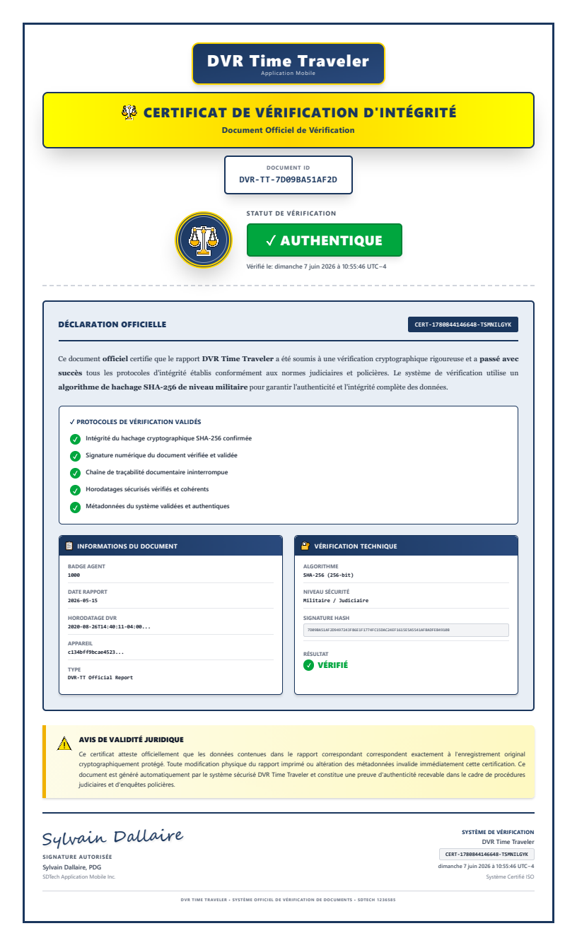 Exemple de certificat de vérification d'intégrité