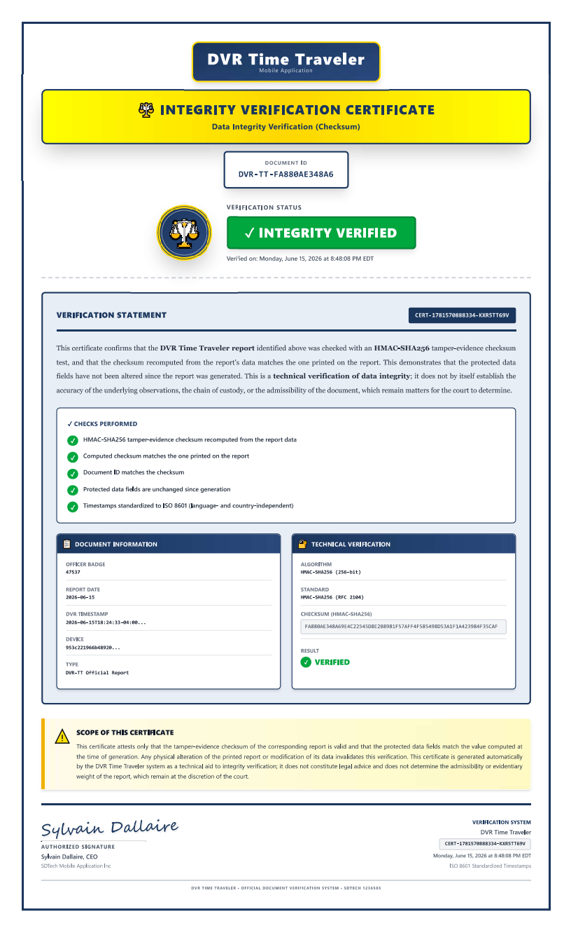 Sample Integrity Verification Certificate
